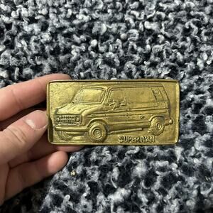 Vintage 1970s Super Van Solid Brass Belt Buckle Figurine